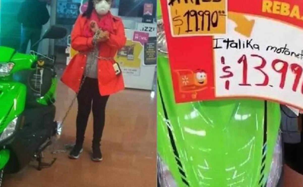 Por error de etiquetado, mujer se encadena a motocicleta y exige se respete precio