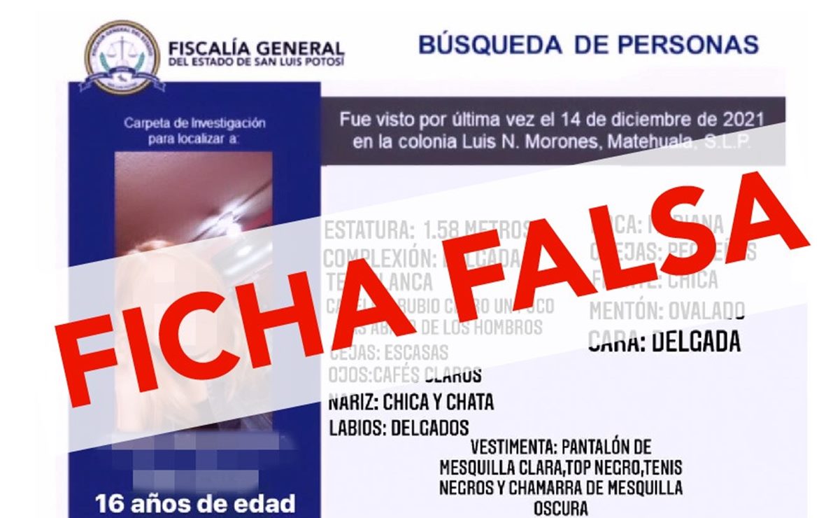 Alertan a población sobre ficha de búsqueda falsa en San Luis Potosí. Foto: FGESLP