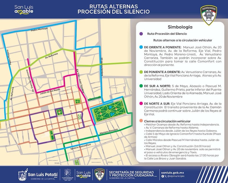 Mapa de alternativas viales en SLP durante la Procesión del Silencio. Imagen: SSPC
