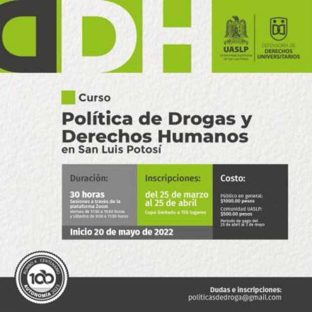 Invita UASLP al curso “Política de drogas y derechos humanos en SLP”