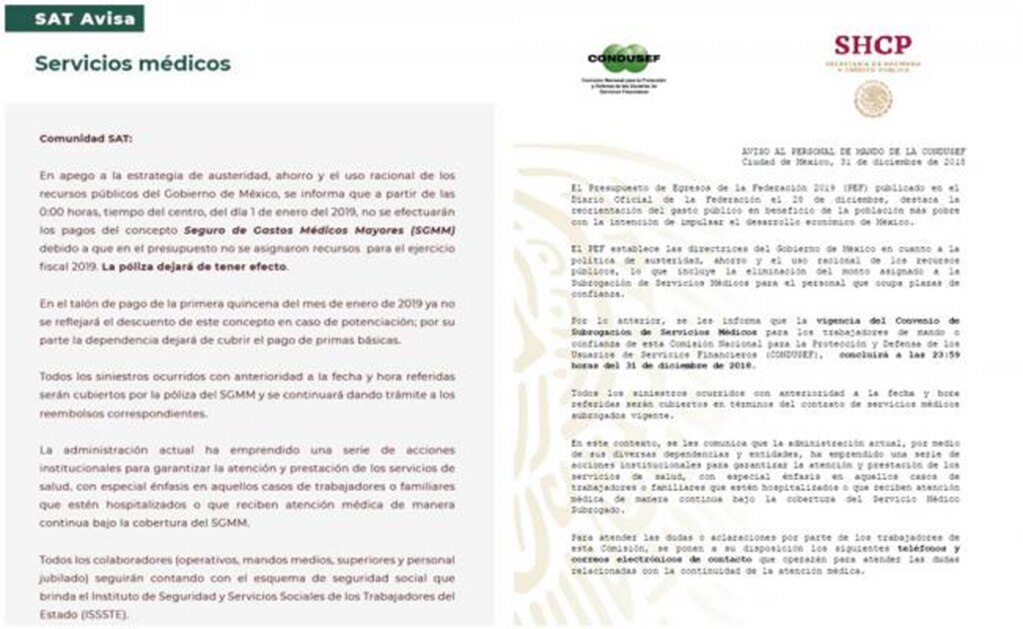 Comunicación interna enviada a trabajadores del SAT y Condusef. FOTOS: especiales