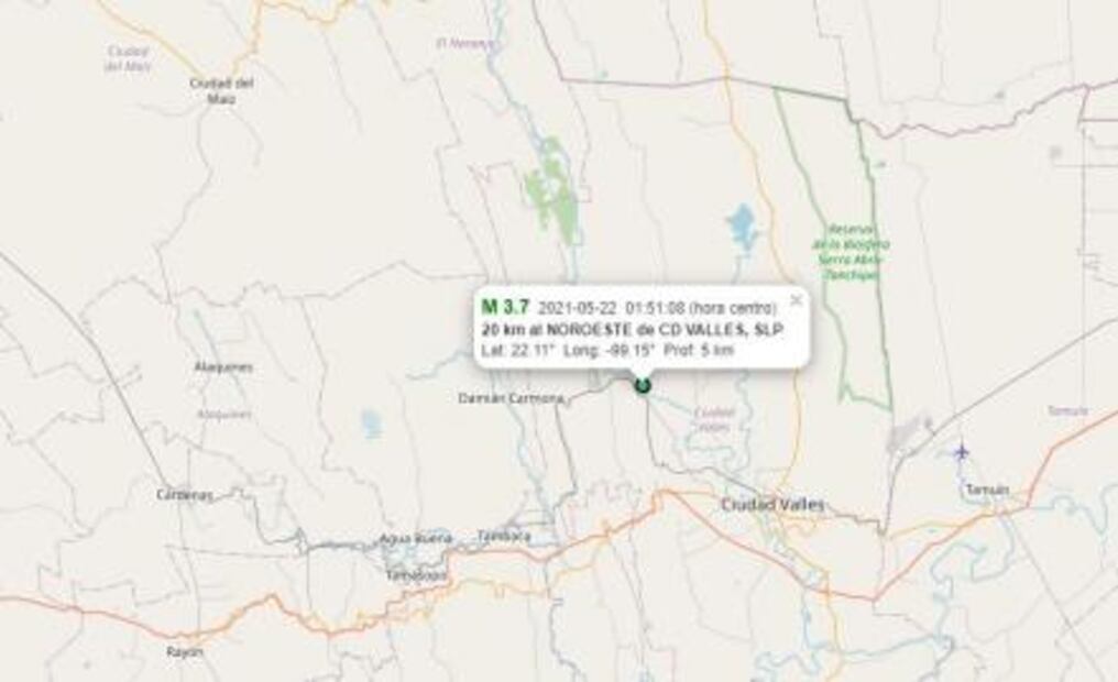 Confirman sismo de 3.7 grados a 20 kilómetros de Ciudad Valles