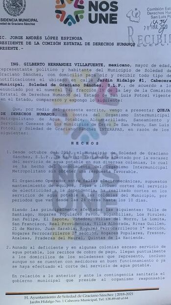 Edil de Soledad presenta queja ante CEDH; denuncia a Interapas por limitar servicio de agua potable