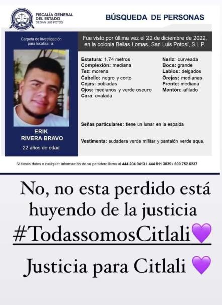 Citlali fue asesinada en la víspera de Nochebuena en SLP, su presunto feminicida está prófugo