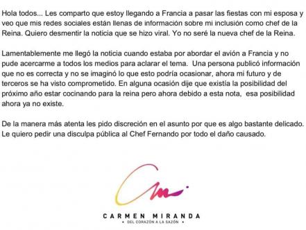 Carmen Miranda aclara que no será chef de la reina Isabel II