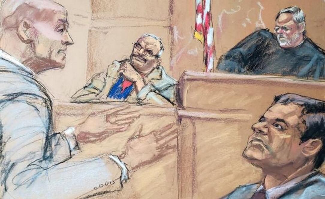 Reuters El Chapo, quien aparece en la parte inferior derecha de este dibujo realizado en la corte, está en una prisión de máxima seguridad de Estados Unidos.