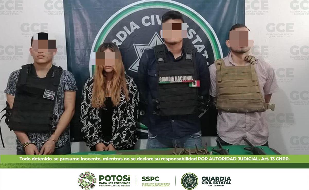 Detiene Guardia Civil a tres hombres y una mujer en la Huasteca potosina; podrían pertenecer a célula delictiva. Foto: GCE