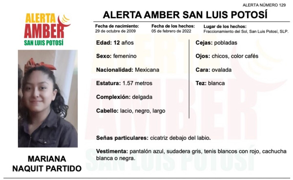 Lanzan Alerta Amber para localizar a niña de 12 años de edad en San Luis Potosí