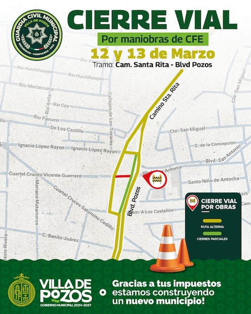 ¡Atención! Por maniobras de CFE habrá cierre vial en Vía Alterna Oriente en Villa de Pozos. Foto: Especial