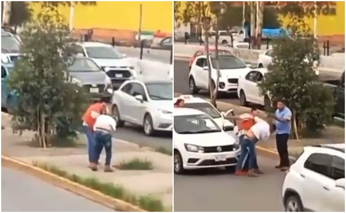 La pelea entre ambos sujetos tuvo lugar en la avenida Salvador Nava de SLP. Fotos: Capturas de video
