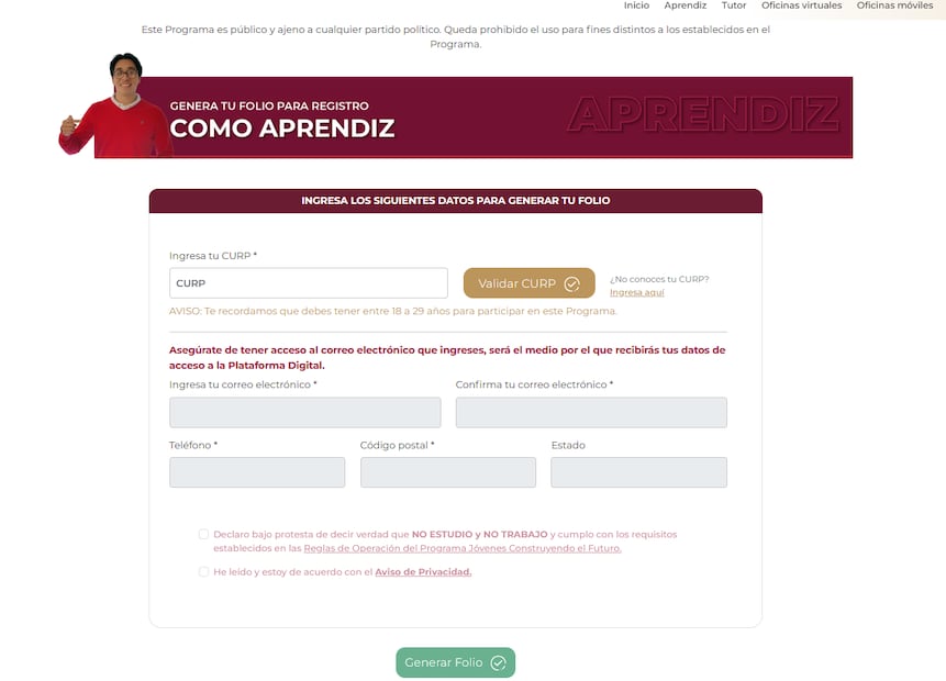 Registro para el programa Jóvenes Construyendo el Futuro. Foto: captura de jovenesconstruyendoelfuturo.stps.gob.mx