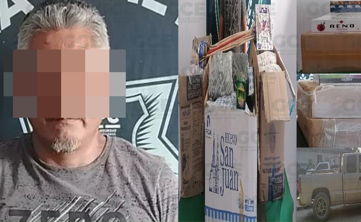 Detienen a hombre con 68 kilos de pirotecnia y 45 kilos de cigarros apócrifos en Tamuín. Foto: Especial