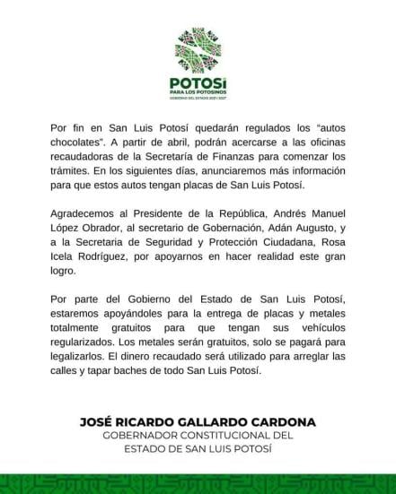 "Autos chocolate" serán regularizados en SLP, anuncia Gallardo; placas serán gratuitas