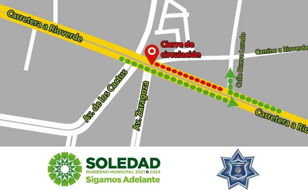 Así será el cambio de circulación vial por obras en la carretera Rioverde. Imagen: Ayuntamiento de Soledad de Graciano Sánchez