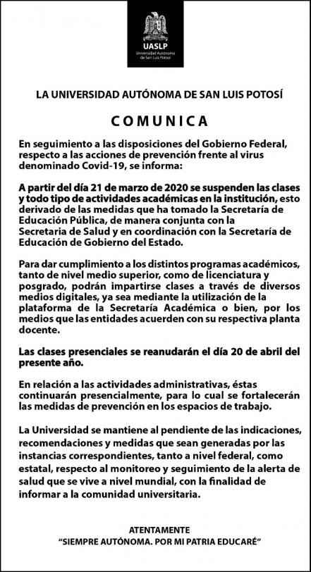 UASLP suspende actividades a partir del 21 de marzo