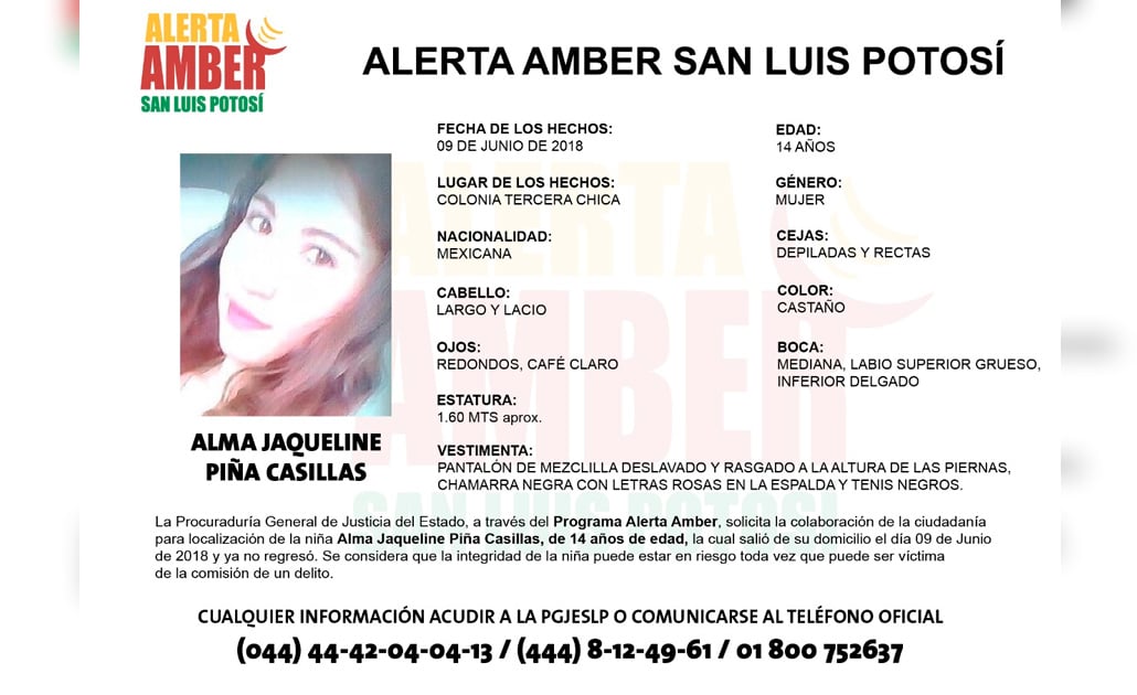 Activan Alerta Amber para localizar a jovencita de 14 años