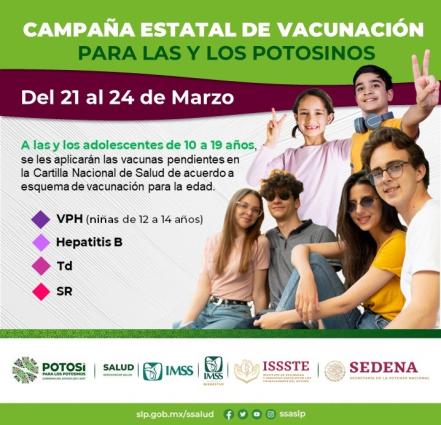 Anuncian campaña de vacunación contra VPH, Hepatitis B y otras enfermedades en SLP