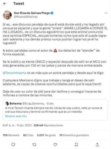 Salinas Pliego se lanza contra Tenoch Huerta: "dejen de usar su color de piel para dar lástima"