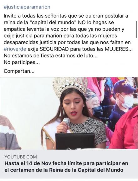“No estamos de fiesta, estamos de luto”: Tras asesinato de Marion, rechazan certamen de belleza en Feria de Rioverde