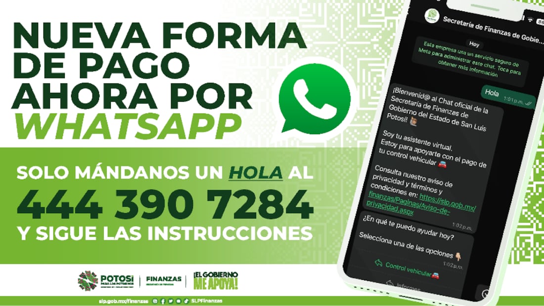 En San Luis Potosí puedes pagar tu refrendo vehicular vía Whatsapp. Foto: finanzas.slp.gob.mx