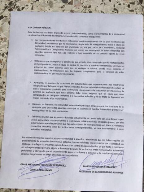 Espaldarazo de Consejería a maestros de Derecho exhibidos por supuesto abuso sexual