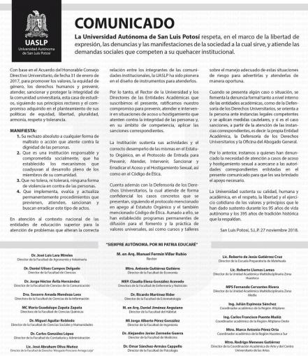 UASLP se pronuncia respecto a manifestaciones