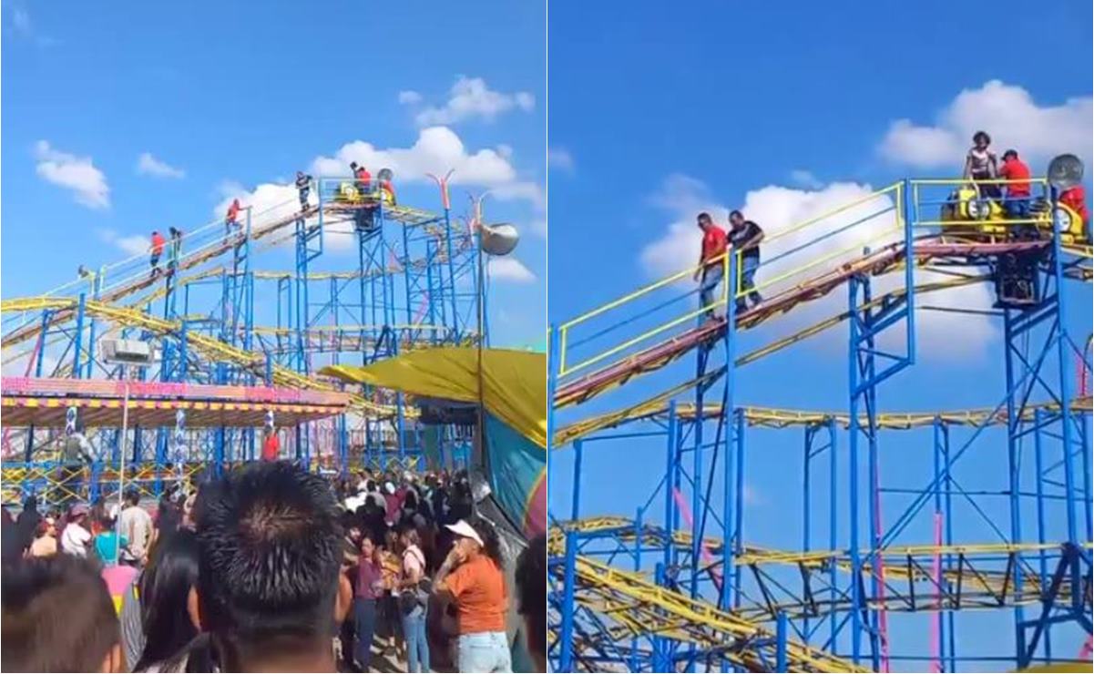 VIDEO. Quedan varados en montaña rusa tras falla mecánica en la Fenapo 
