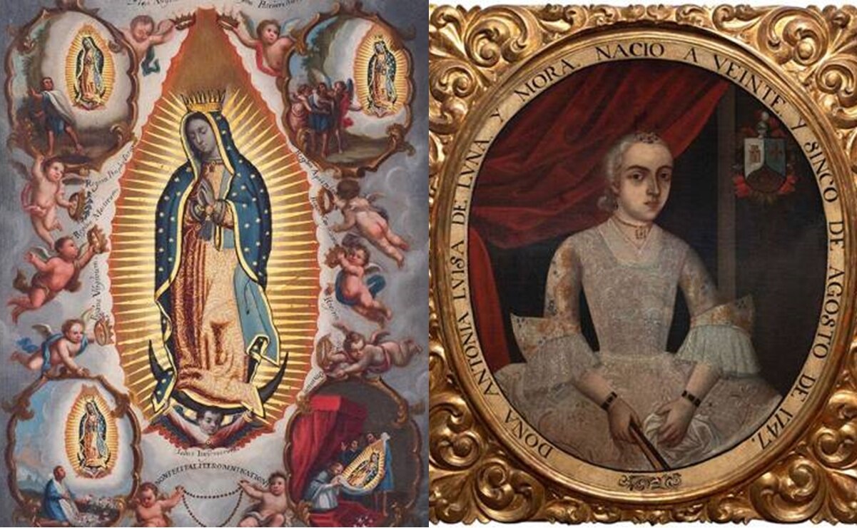 Virgen de Guadalupe con las cuatro apariciones de José Ibarra y  el Retrato de doña Antonia Luisa de Luna y Mora. Fotos: museofranciscocossio.org