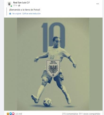 El astro brasileño Ronaldinho regresa al futbol mexicano de la mano de Real San Luis