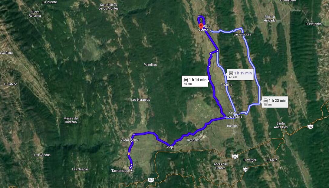 Ruta de llegada desde la cabecera municipal de Tamasopo hacia paraje El Coyote en el ejido Damián Carmona, en SLP. Foto: captura de Google Maps.