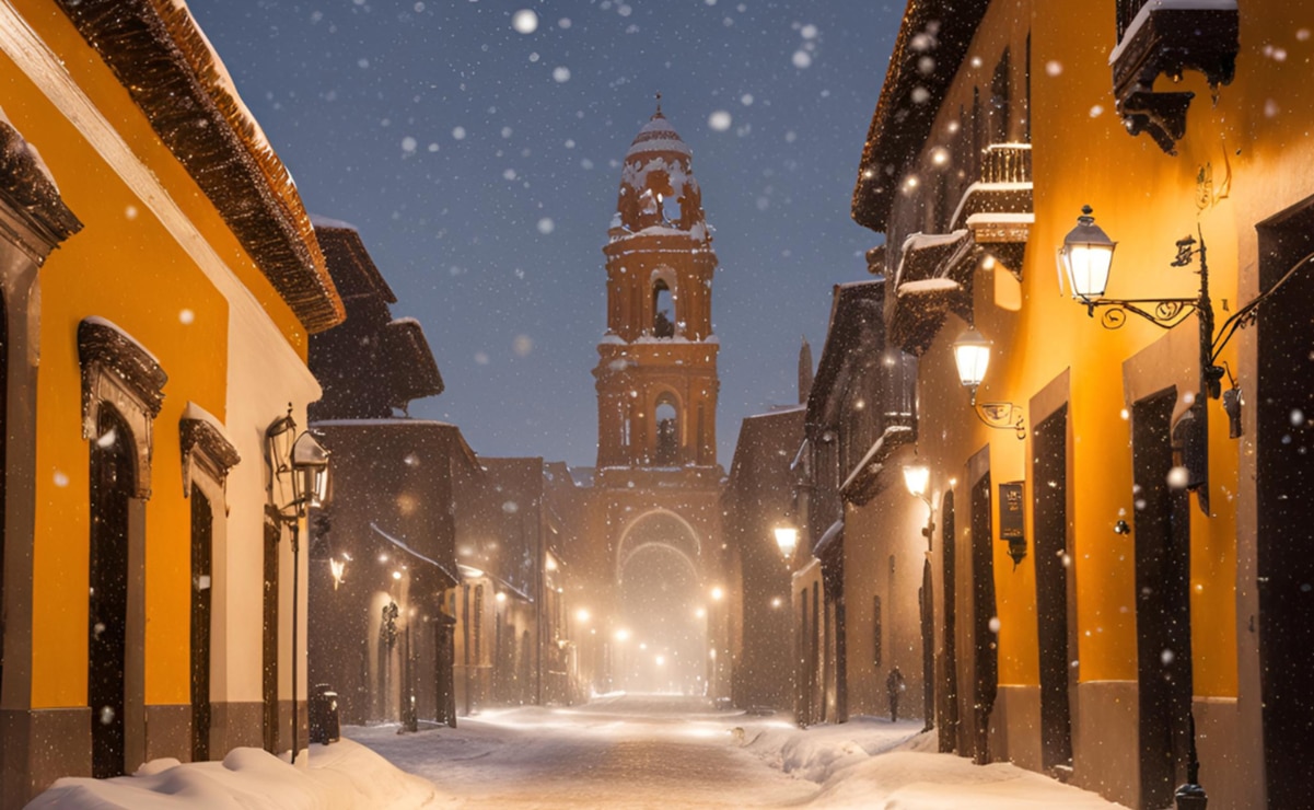 Así se vería el Centro Histórico de San Luis Potosí si nevara este 2024. Foto: Creada con Canva IA.