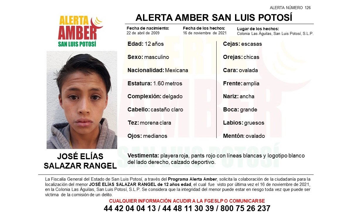 Activan Alerta Amber para hallar a José Elías, de 12 años, visto por última vez en colonia Las Águilas, capital de SLP
