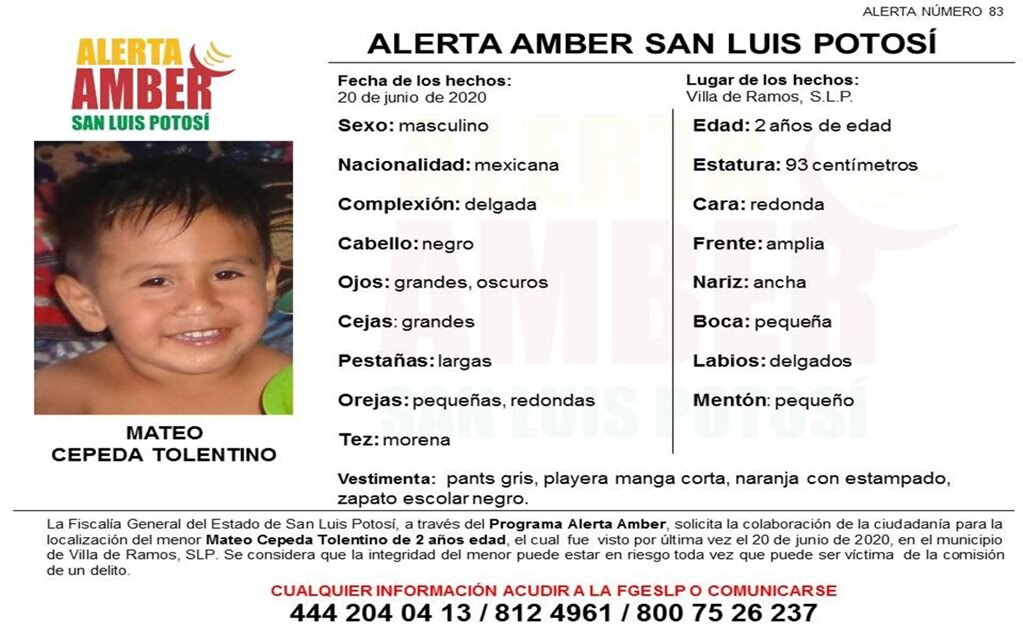 Fiscalía de SLP activa Alerta Amber por desaparición de Mateo de 2 años
