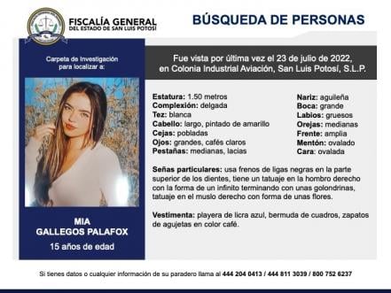 Mía Gallegos Palafox sigue desaparecida, dicen familiares; acusan a fiscal de SLP de entorpecer su búsqueda