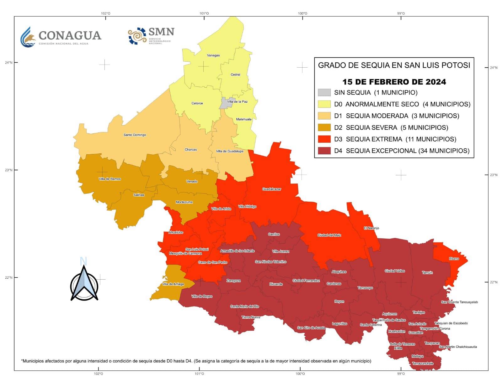 Con corte al 15 de febrero,  los municipios de la región huasteca que tienen sequía excepcional, son: Tamuín, San Vicente Tancuayalab, Tanquián de Escobedo, Tampamolón Coroona, Tampacán, San Martín Chalchicuautla, Tamazunchale, Matlapa, Xilitla, Axtla de Terrazas, Coxcatlán, San Antonio, Huehuetlán, Tanlajás, Ciudad Valles, Aquismón y  Tancanhuitz de Santos. Foto: Conagua
