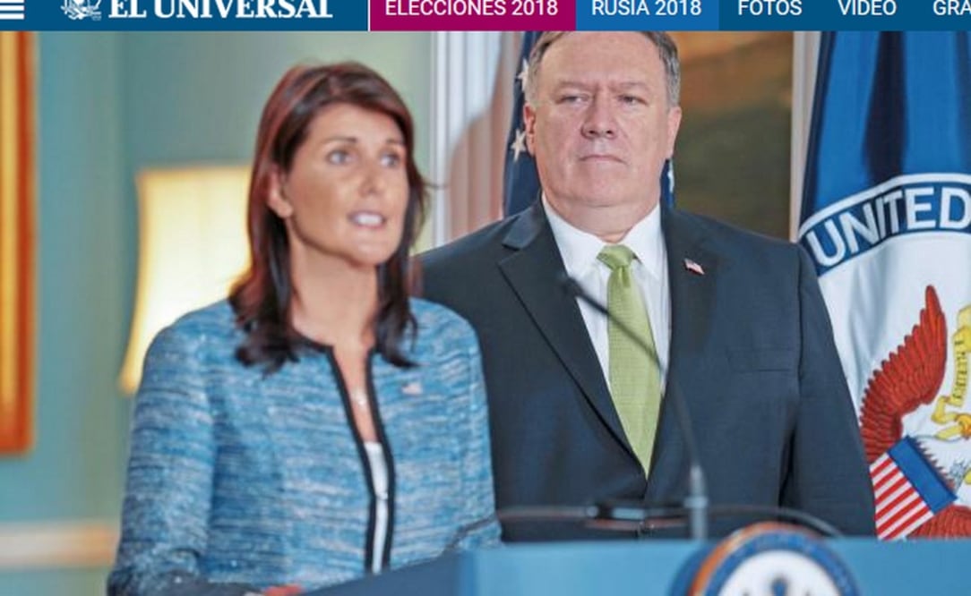 Polémica. La embajadora de EU ante la ONU, Nikki Haley, y el secretario de Estado Mike Pompeo, anunciaron el retiro del país del Consejo de Derechos Humanos. Foto: TOYA SARNO. REUTERS