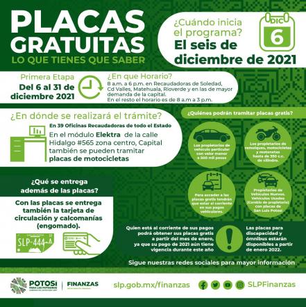 Este lunes 6 de diciembre arranca el programa de placas gratuitas en San Luis Potosí