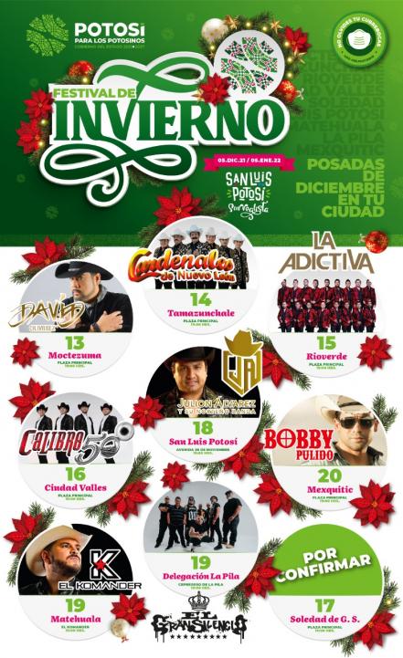 Esta es la lista de los grupos y cantantes que se presentarán en SLP durante diciembre