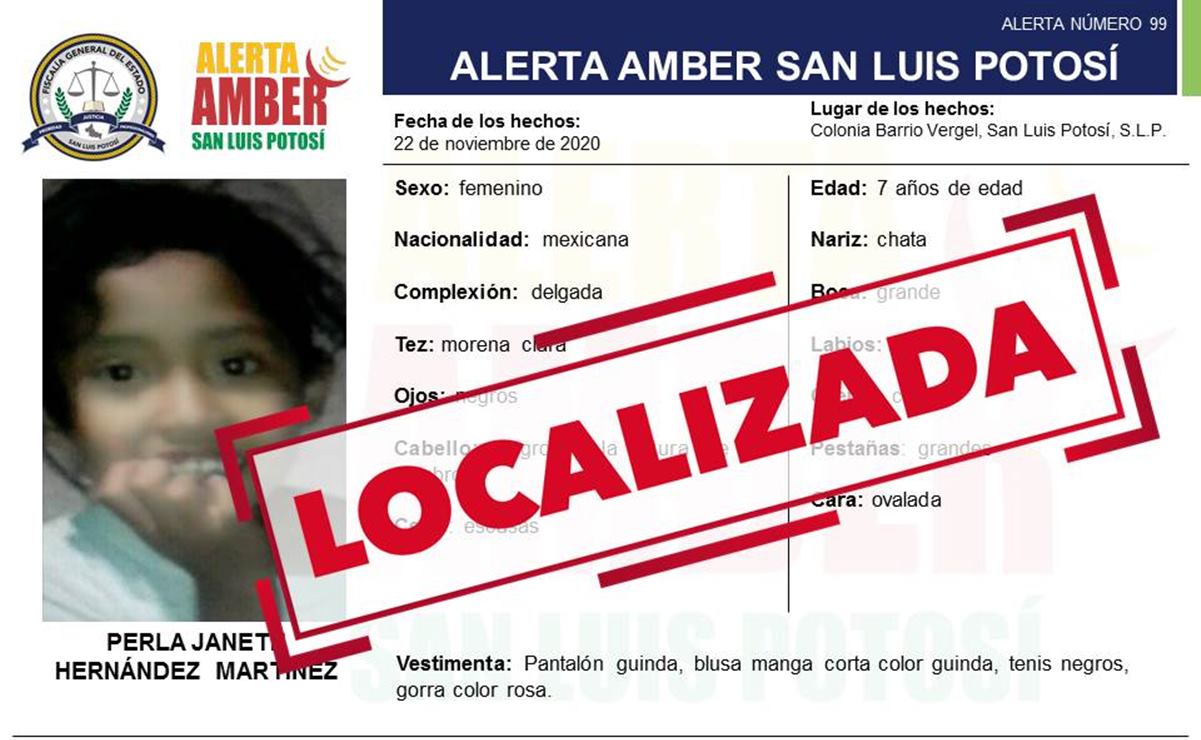 Localizan a niña de 7 años reportada como desaparecida en capital de SLP