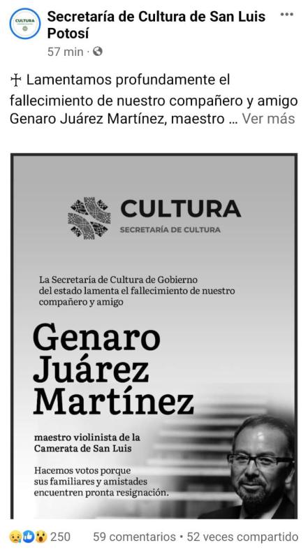 Muere de Genaro Juárez, violinista de la Camerata de SLP