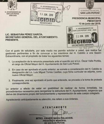 Renuncia Óscar Valle Portilla a Oficialía Mayor del Ayuntamiento