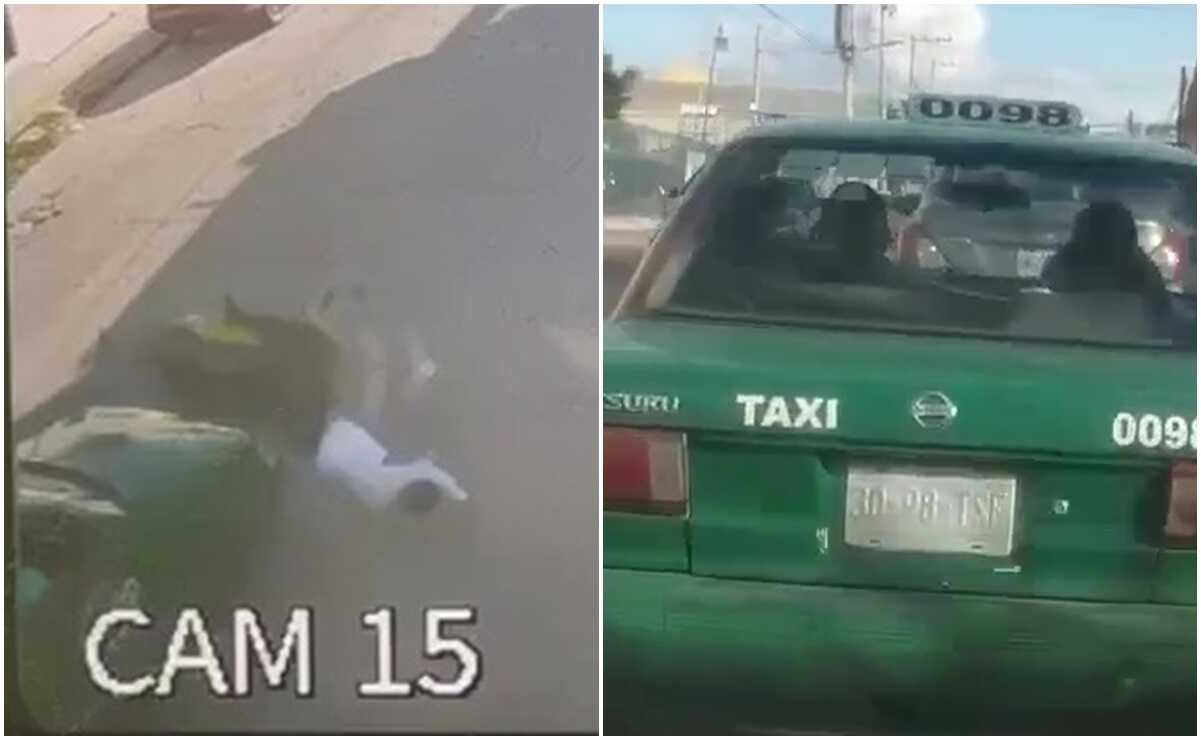 VIDEO. Taxista atropella a motociclista en la colonia Julián Carrillo de SLP; intenta darse a la fuga. Foto: Captura de video