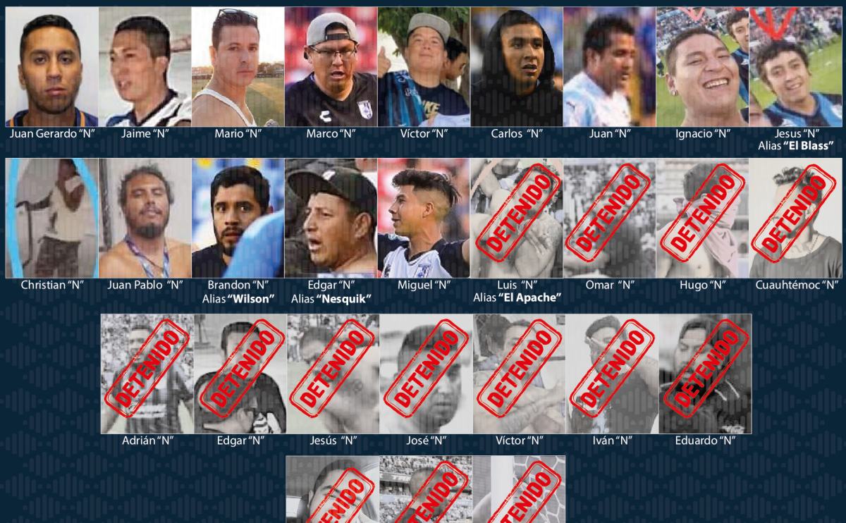 Uno a uno. Los 14 agresores que faltan por detener de la golpiza en el estadio Corregidora en Querétaro. Foto: Twitter @fiscaliaqro
