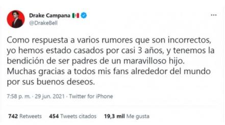 Drake Bell confiesa estar casado desde hace años y tener un hijo