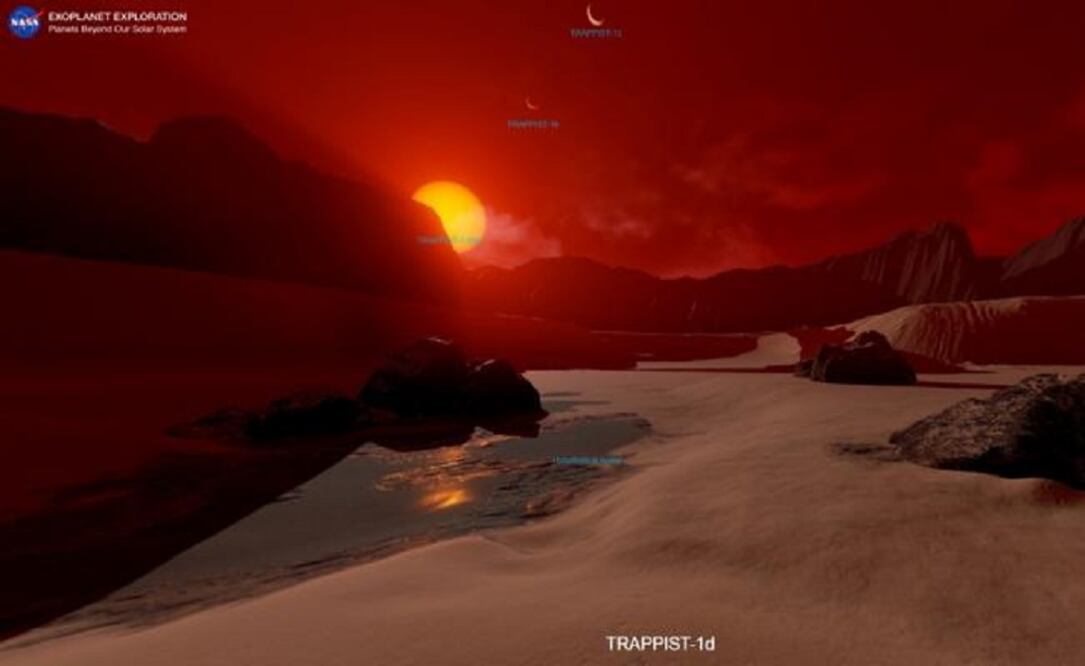 El sitio web de la NASA muestra dibujos artísticos de diferentes exoplanetas. En la imagen el cielo rojo sangre de TRAPPIST-1d. Foto: Captura exoplanets.nasa.gov