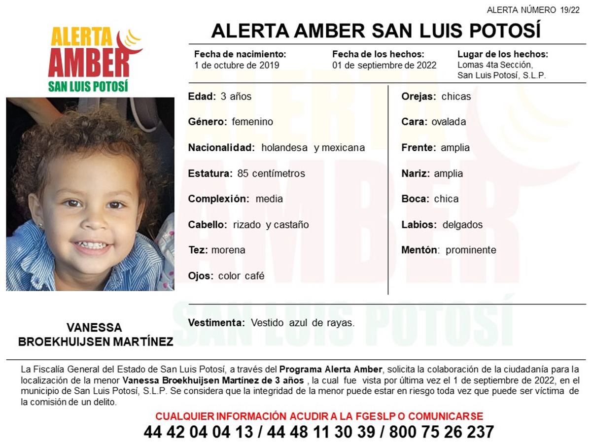 Activan Alerta Amber para localizar a Vanessa Broekhuijsen Martínez de 3 años en SLP