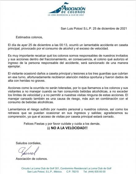 Conductor choca contra caseta de vigilancia del Club de Golf La Loma en SLP