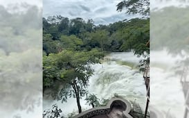 VIDEOS de Cascada El Meco sorprenden en redes por enorme caudal; un mini Niágara en SLP