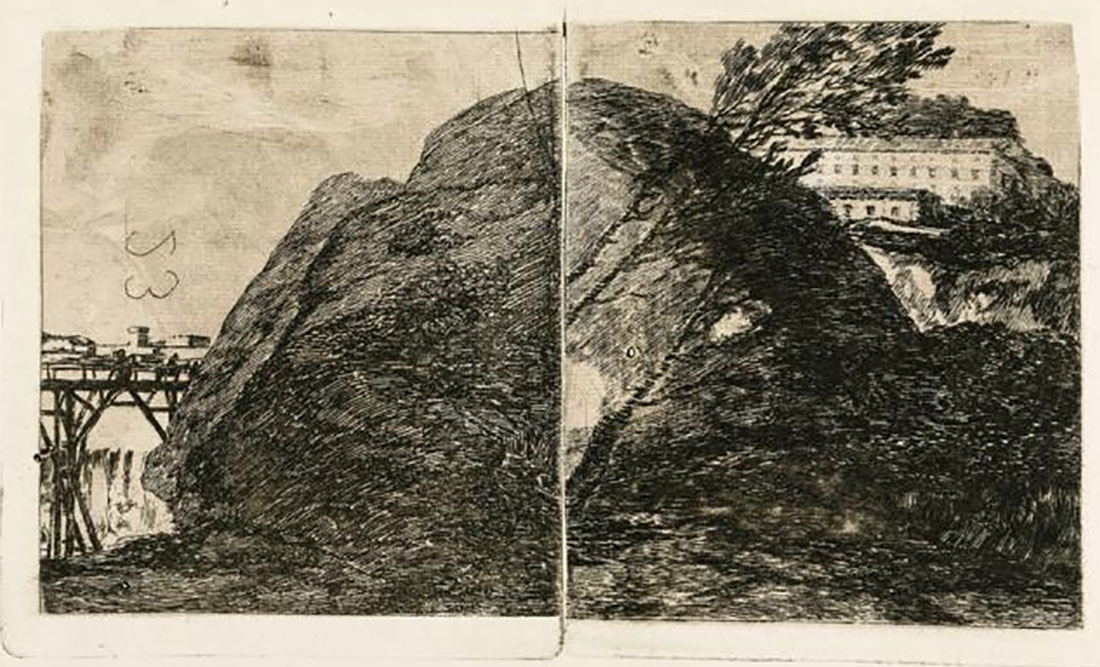 "Paisaje con peñasco, construcciones y cascada", obra de Francisco de Goya. Foto: Twitter / Diputación Zaragoza