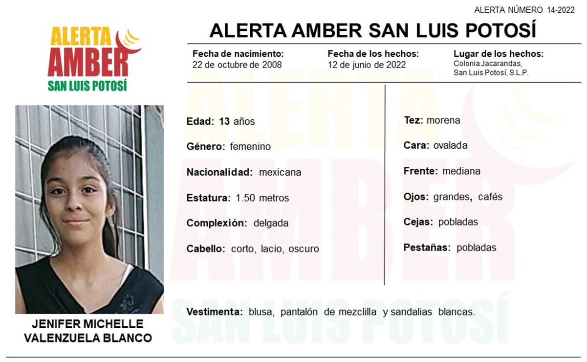 Activan Alerta Amber para localizar a adolescente 13 años en ciudad de SLP. Foto: Fiscalía